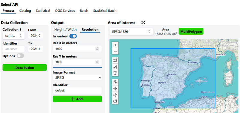 Colecciones y datos satelitales Copernicus en Request Builder